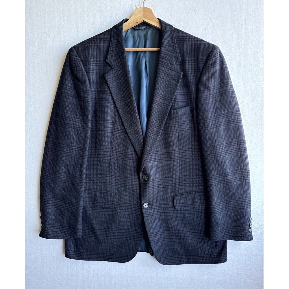 Burberry’s Men’s Dark Blue Plaid Blazer Jacket 100% Wool Size 45 Reg Made In USA